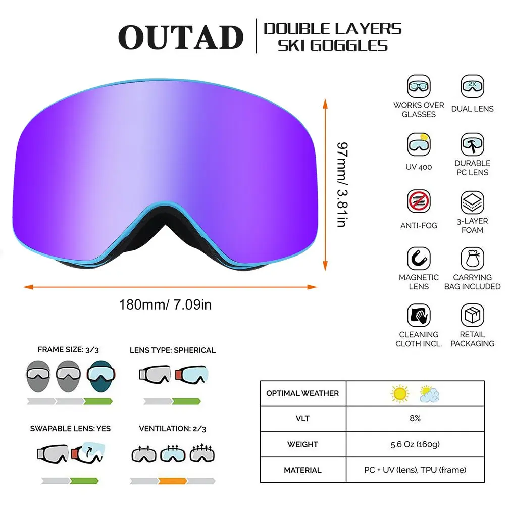 OUTAD Double Layers Ski Goggles UV Anti-fog Protection Ski Mask Glasses Eyewear Skiing Outdoor Sports Skating Skiing Goggles
OUTAD Double Layers Ski Goggles UV Anti-fog Protection Ski Mask Glasses Eyewear Skiing Outdoor Sports Skating Skiing Goggles