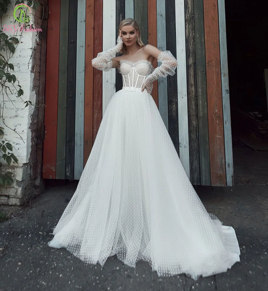 Женское свадебное платье SSYFashion, ТРАПЕЦИЕВИДНОЕ платье невесты с длинным рукавом, в горошек, пляжное платье для свадьбы
Женское свадебное платье SSYFashion, ТРАПЕЦИЕВИДНОЕ платье невесты с длинным рукавом, в горошек, пляжное платье для свадьбы