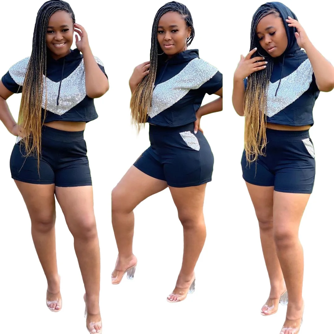 Fashion Women Stitching Two-Piece Sports Suit Hooded Top Shorts Everyday Sequin Slim Clothes
Fashion Women Stitching Two-Piece Sports Suit Hooded Top Shorts Everyday Sequin Slim Clothes