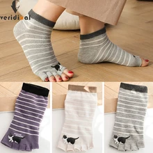 Spring Autumn Five Finger Socks Women Girl Cute Cat Printing Open Toes Striped Weave Boneless Ankle No Show Socks EU 35-39