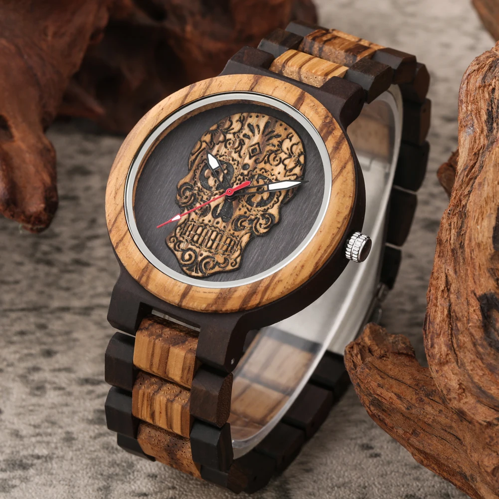 

Часы REDFIRE мужские с деревянным ремешком, кварцевые наручные, с деревянной гравировкой черепа