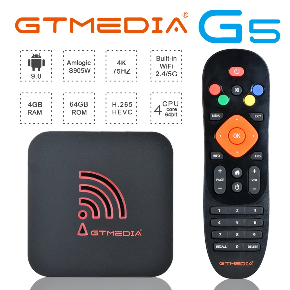 

GEMEDIA G5 Android 9.0 TV Box,Youtube,H.265,4K,Amlogic S905X2 4GB RAM +64GB ROM Built-in Wifi 2.4G+5G,Support Europe Set Top Box