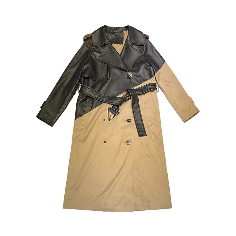 Office Lady Elegant Genuine Leather Trench Fashion Patchwork Slim Belt Double Breasted Sheepskin Coat Streetwear Women Overcoat
Office Lady Elegant Genuine Leather Trench Fashion Patchwork Slim Belt Double Breasted Sheepskin Coat Streetwear Women Overcoat
