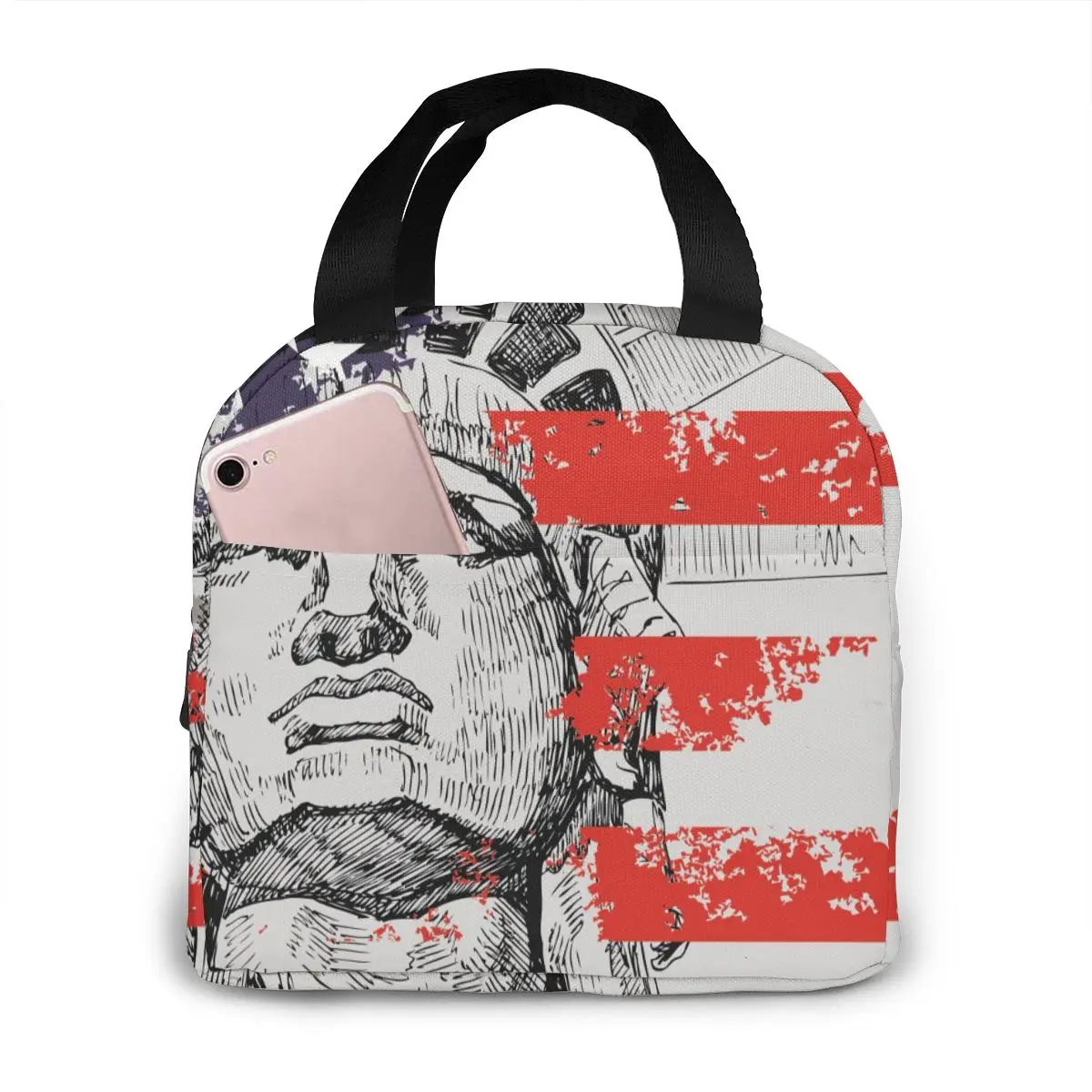 

American Flag With Statue Of Liberty Lunch Food Box Bag Insulated Thermal Food Picnic Lunch Bag for Women Cooler Tote Bag