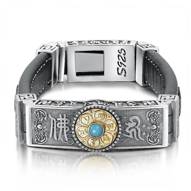 Inlaid Turquoise Bracelet Bangle Pure 925 Sterling Silver colour Buddha Mantra Rotatable Genuine Leather Bracelet Women Men 
Inlaid Turquoise Bracelet Bangle Pure 925 Sterling Silver colour Buddha Mantra Rotatable Genuine Leather Bracelet Women Men