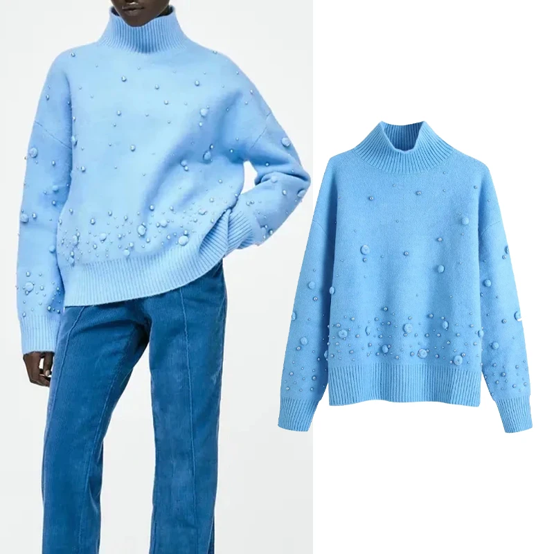 

Женский вязаный свитер Za, пуловер с полувысоким воротником и жемчужинами, Свободный джемпер с длинным рукавом, Осень-зима 2021
