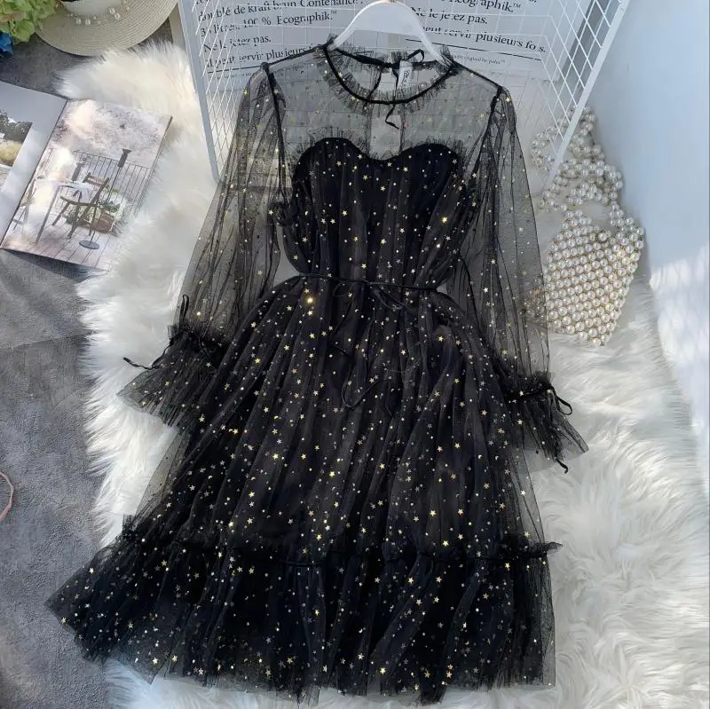 

2021 New Female O-neck Stars Sequined Mesh Shiny Fairy Dress Women Elegant Bling Gauze Princess Puff Dresses Vestidos De Fiesta