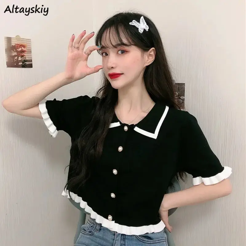 Short Sleeve T-shirts Women Knitted Tees Patchwork Sweet Summer Classic Tops for Lady All-match Ins Single Breasted Lovely Girls
Short Sleeve T-shirts Women Knitted Tees Patchwork Sweet Summer Classic Tops for Lady All-match Ins Single Breasted Lovely Girls