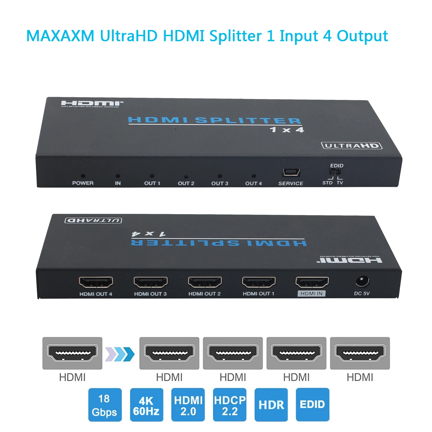 MAXAXM HDMI Splitter 1 In 4 Out 4K 60Hz 18Gbps HDCP 2.2 HDR Compatible Equipped Smart EDID Management
MAXAXM HDMI Splitter 1 In 4 Out 4K 60Hz 18Gbps HDCP 2.2 HDR Compatible Equipped Smart EDID Management