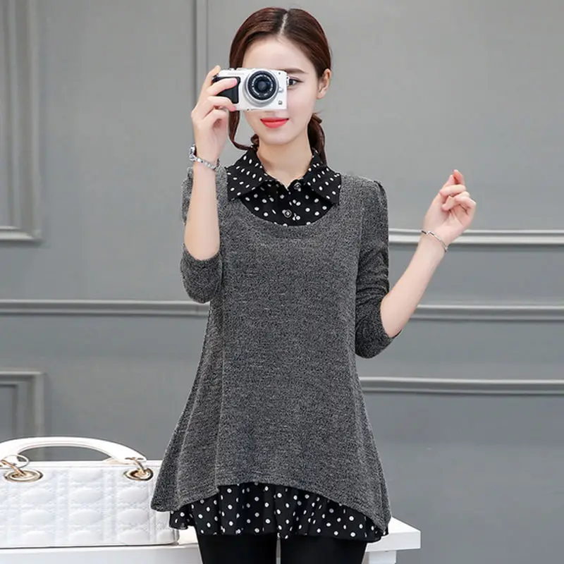 Dot Shirt Turndown Collar Fake Two Pieces Knitted Pullovers Women Patchwork Knitwear Tops Casual Loose Spring Sweater Femme X120
Dot Shirt Turndown Collar Fake Two Pieces Knitted Pullovers Women Patchwork Knitwear Tops Casual Loose Spring Sweater Femme X120