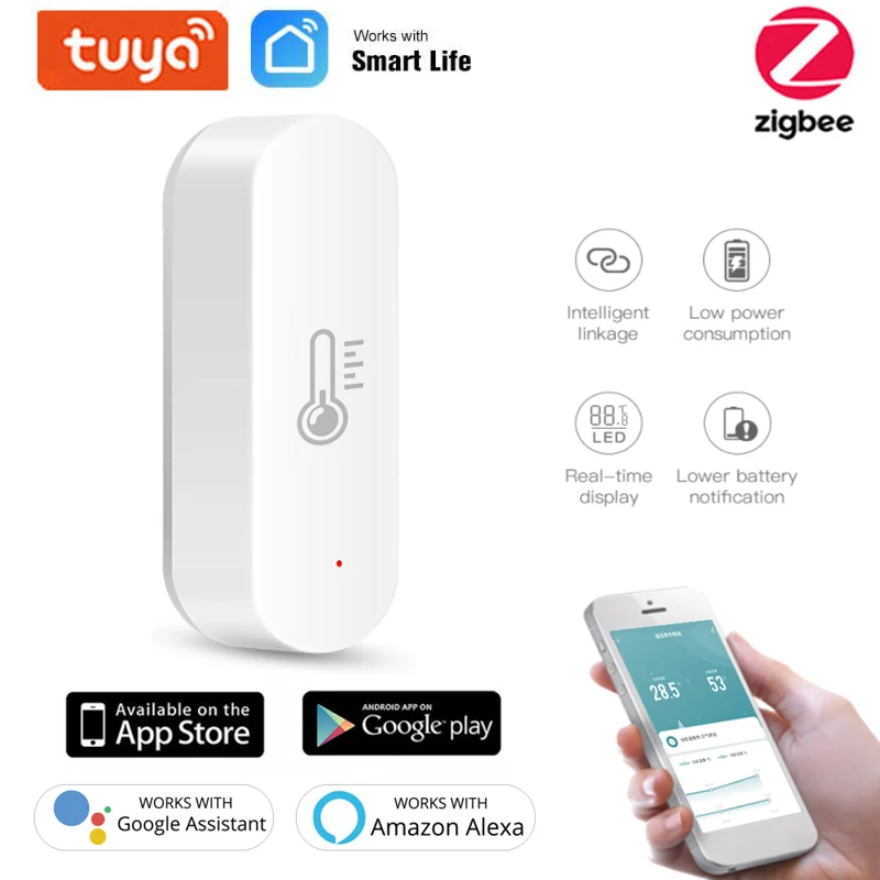 

Умный датчик влажности и температуры Zigbee Tuya, измерение в реальном времени, с дистанционным управлением Alexa Google