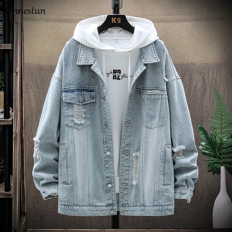 Мужская джинсовая куртка с отворотами, однобортная, свободная 
Мужская джинсовая куртка с отворотами, однобортная, свободная