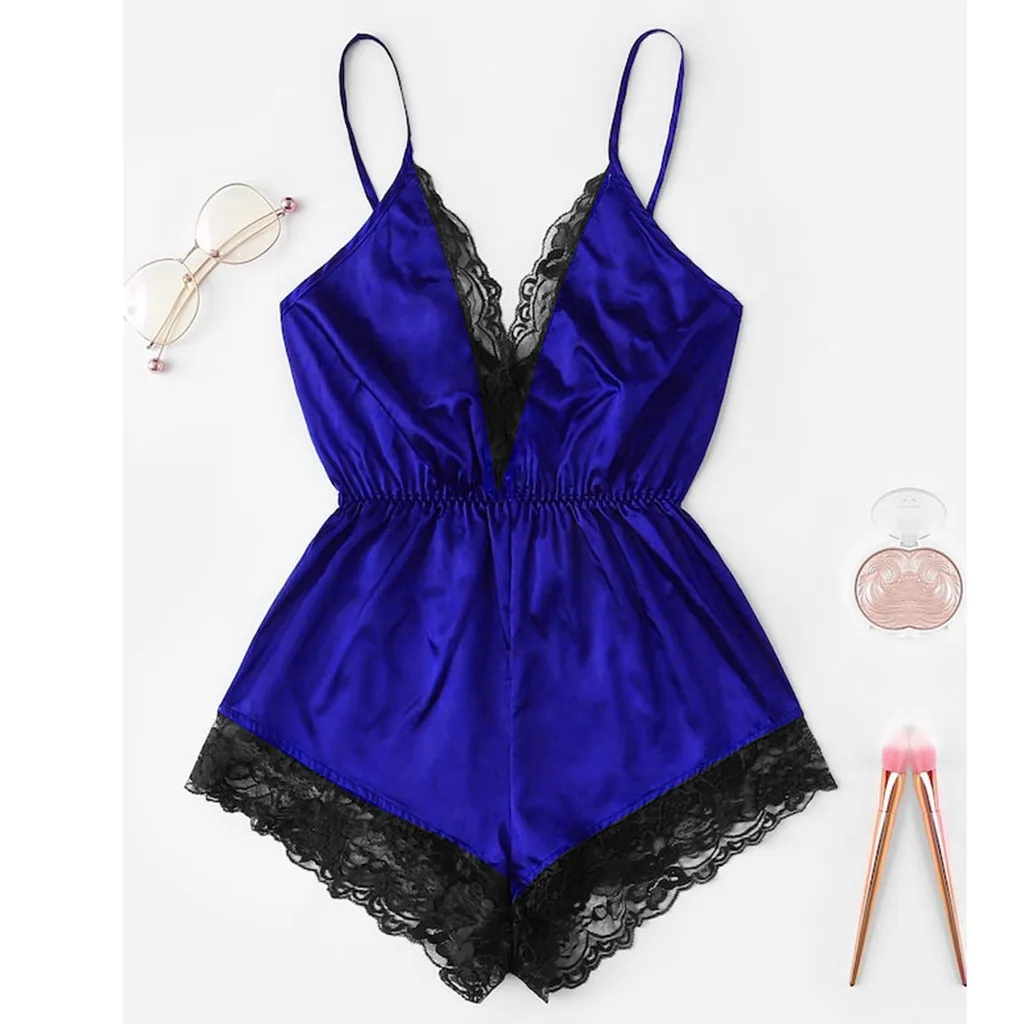 

New Linger Open Back Eyelash Contrast Lace Trim Hem Teddy Romper Bodysuit Sexy Camisole Teddies Satin Women Onesies Sleepwear