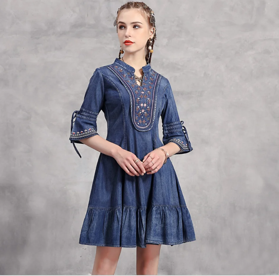 Female 2021 Spring Autumn New Ruffled Denim Skirt With Big Swing Retro Embroidered Slim Short-sleeved Dress Women's Clothing
Female 2021 Spring Autumn New Ruffled Denim Skirt With Big Swing Retro Embroidered Slim Short-sleeved Dress Women's Clothing