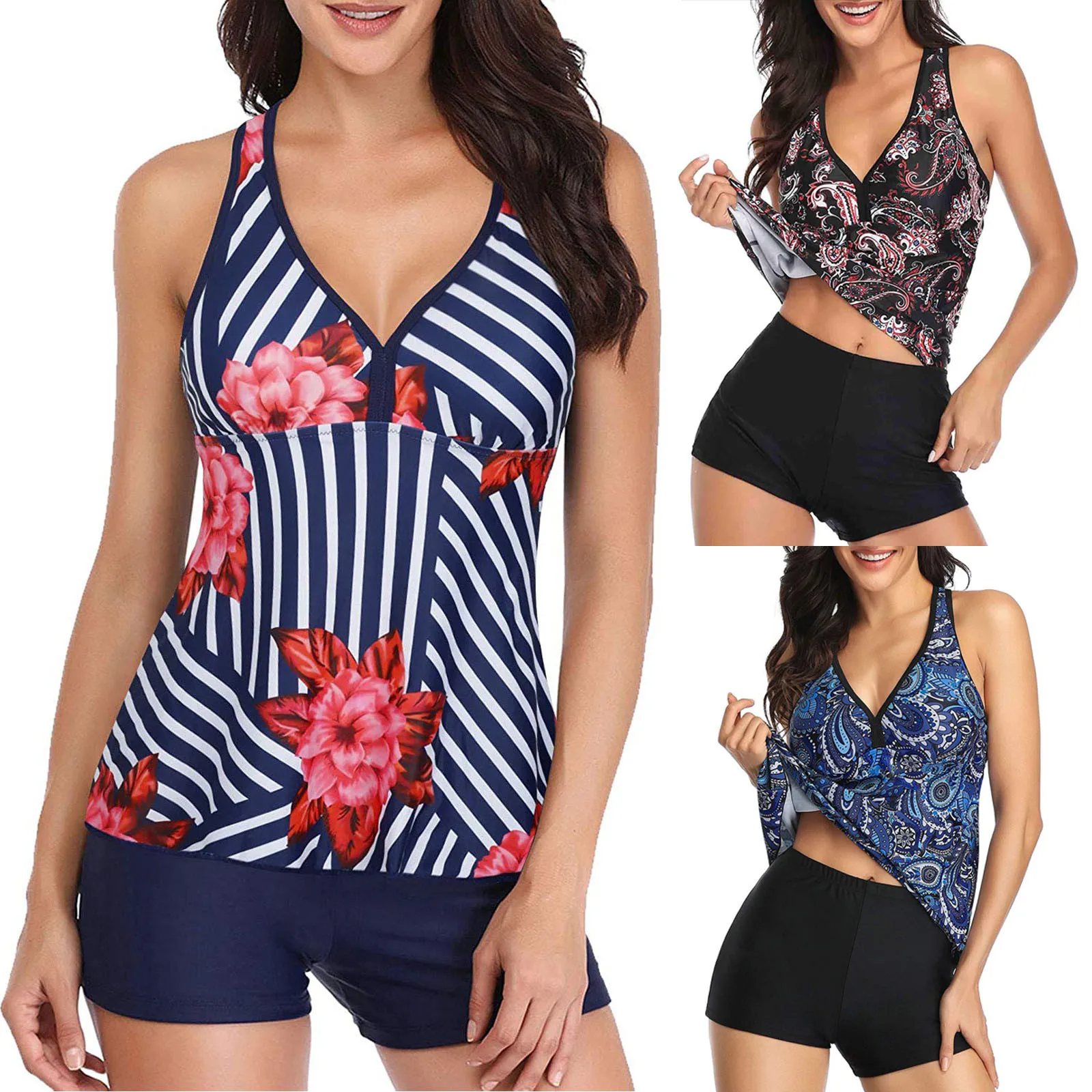 

bikinis Summer Swimwear Women Conservative Print Strappy Back Tankini Set Two Piece Swimsuits Swimdress кђпалники женские 2021