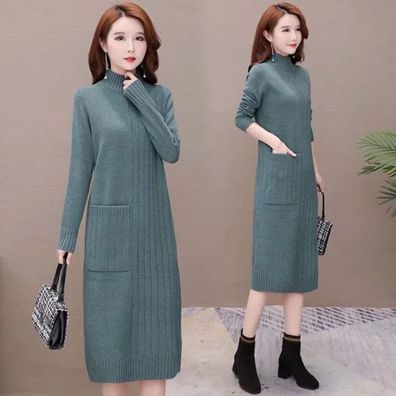 Half High Collar Pullovers Sweater Women's Knitting Loose Casual Pockets Bottomed Mid-Calf Ladies Wool Dresses
Half High Collar Pullovers Sweater Women's Knitting Loose Casual Pockets Bottomed Mid-Calf Ladies Wool Dresses
