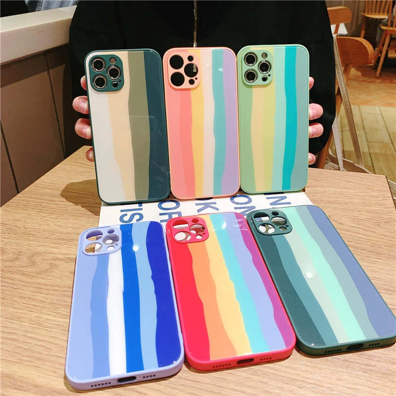 Радужный чехол из закаленного стекла для телефона iphone 7 8 plus x xr xs 11 12 pro max жидкий