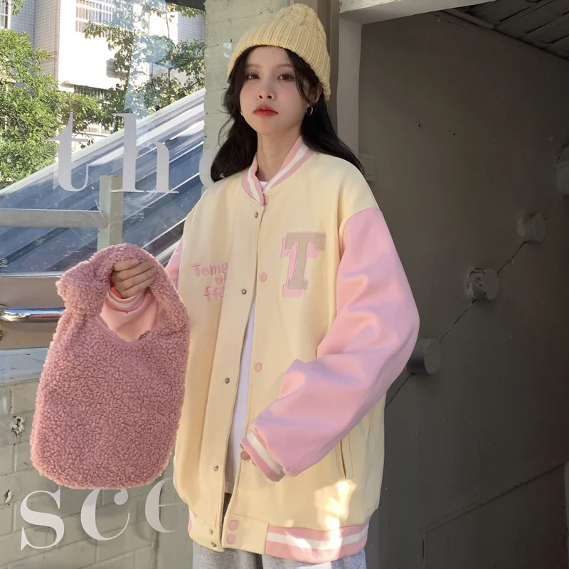 Women's Coats High Street Hip Hop Baseball Uniform Patchwork Pink Puff Long Sleeve Sweet Baggy Embroidery Varsity Jacket
Women's Coats High Street Hip Hop Baseball Uniform Patchwork Pink Puff Long Sleeve Sweet Baggy Embroidery Varsity Jacket