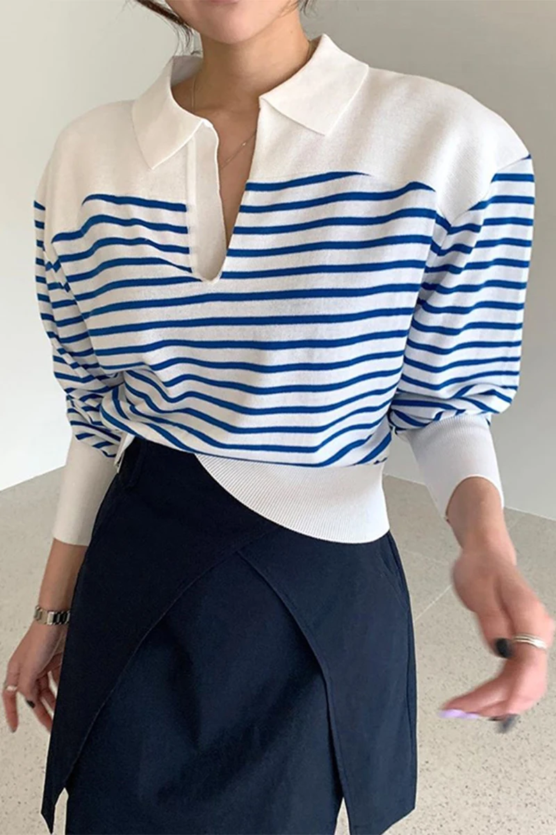 2021 Korea Chic Autumn Turn-down Collar Pullover Hit Color Striped Lapel Loose Puff Sleeve Fashion Sweater Top Women
2021 Korea Chic Autumn Turn-down Collar Pullover Hit Color Striped Lapel Loose Puff Sleeve Fashion Sweater Top Women