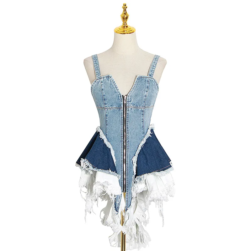 Summer new sexy contrast stitching denim zipper hem irregular waist slim dress
Summer new sexy contrast stitching denim zipper hem irregular waist slim dress