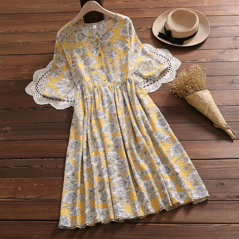 

Женское винтажное платье с полурукавами Mori Girl, желтое повседневное свободное платье большого размера с цветочным принтом, элегантная одежд...