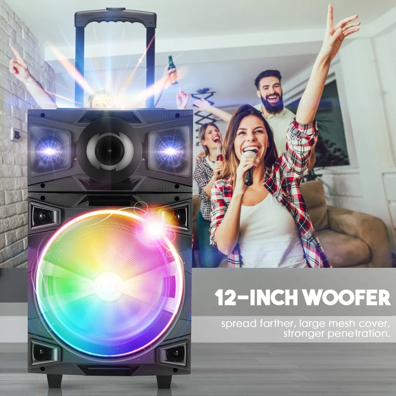 Bluetooth karaoke machine with 12-inch subwoofer, suitable for children and adults, with wireless PA speaker system
Bluetooth karaoke machine with 12-inch subwoofer, suitable for children and adults, with wireless PA speaker system