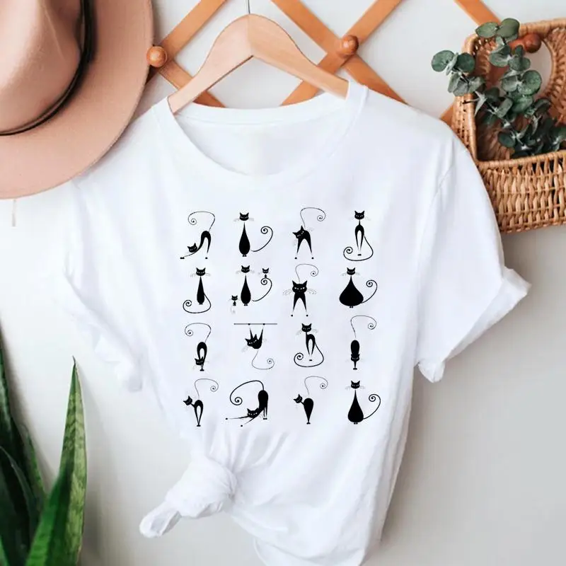 Summer Girlish style Women's T-shirt Cat Ladies Cartoon Kawaii Fashion Short Sleeve Clothes Graphic Top Lady Print Female Tee 
Summer Girlish style Women's T-shirt Cat Ladies Cartoon Kawaii Fashion Short Sleeve Clothes Graphic Top Lady Print Female Tee