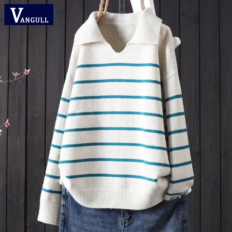 Vangull Spring Fashion Women Striped Sweater Long Sleeve Oversize Knitted Jumpers Vintage Turn-down Collar Female Pullovers
Vangull Spring Fashion Women Striped Sweater Long Sleeve Oversize Knitted Jumpers Vintage Turn-down Collar Female Pullovers