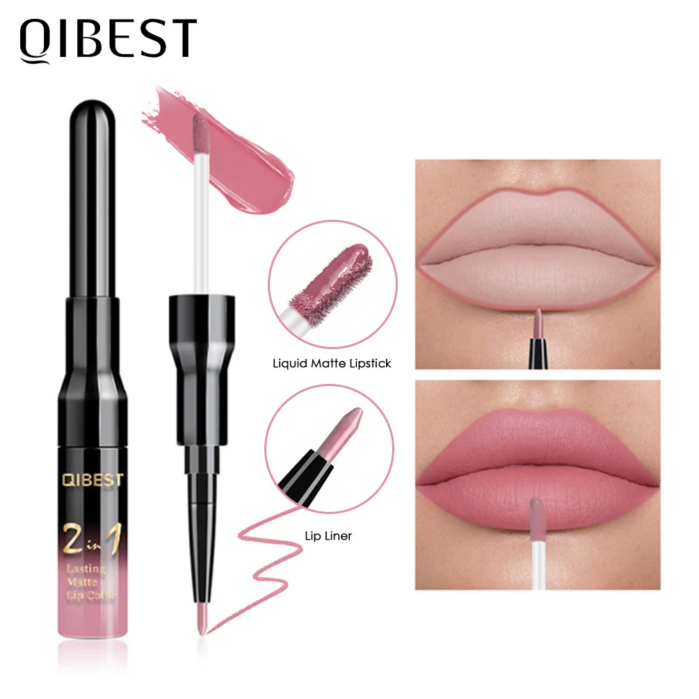 

QIBEST Waterproof Lip Gloss Matte Lip Liner 2 in 1 Double Head Long-lasting Lipliner Nude Liquid Lipstick Pen Makeup Cosmetics