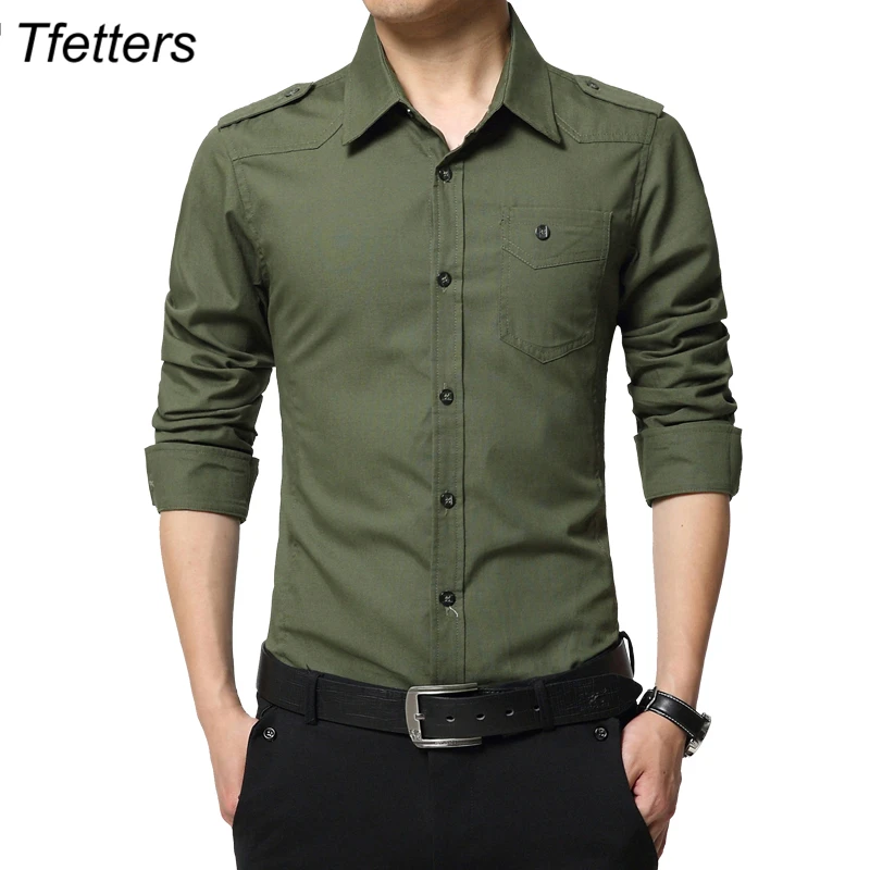 

TFETTERS New Men's Shirt Epaulette Fashion Long Sleeve Epaulet Shirt Military Style 100% Cotton Army Green Shirts with epaulets