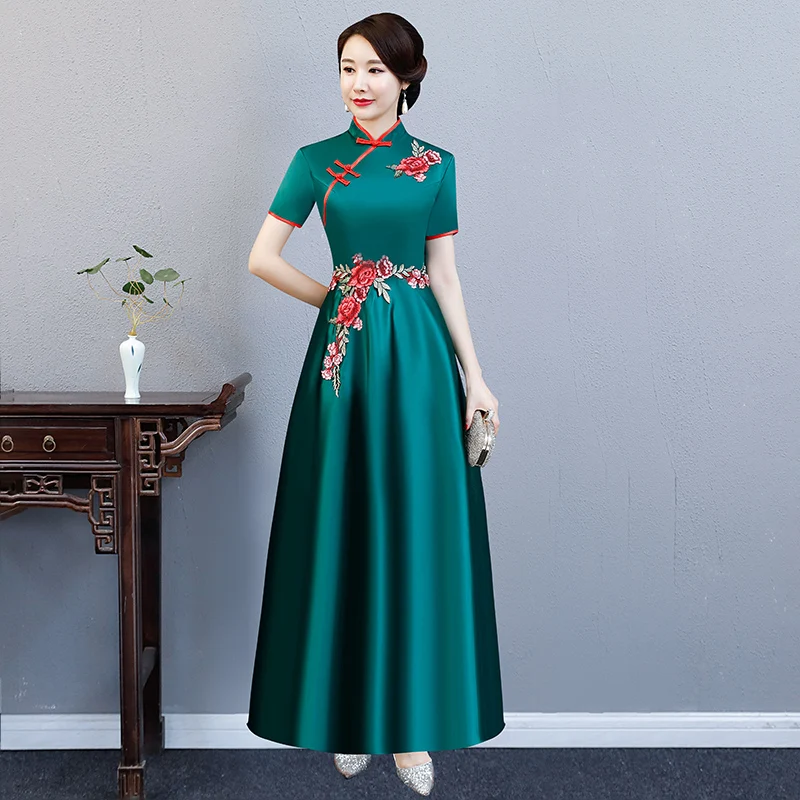 Красное длинное вечернее платье элегантное винтажное Qipao с коротким рукавом