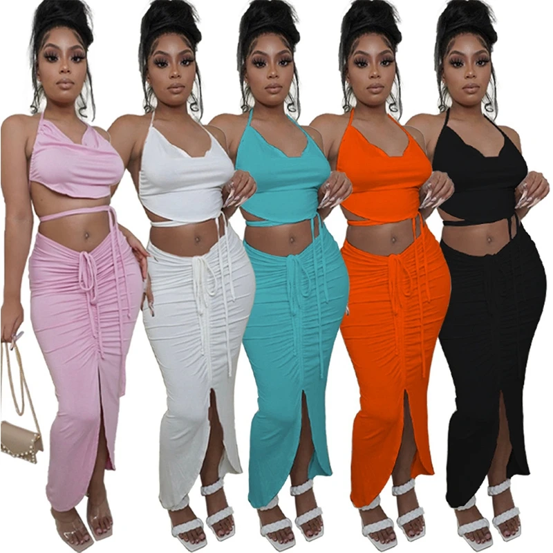 Summer Solid 2pcs Dress Set Sexy Halter Sleeveless Lace Up Bandage Crop Top And Split Long Maxi Drawstring Skirt Matching Set
Summer Solid 2pcs Dress Set Sexy Halter Sleeveless Lace Up Bandage Crop Top And Split Long Maxi Drawstring Skirt Matching Set