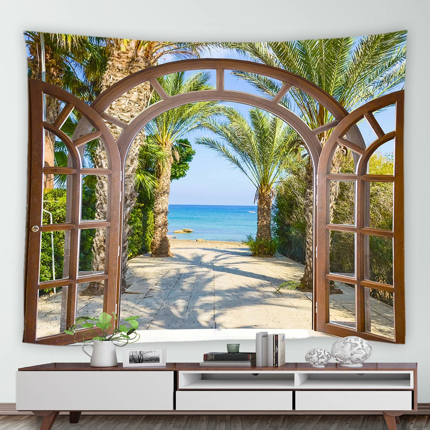 

Outside the Window Ocean Palm Trees Tapestry Tropical Natural Scenery Tapestries Landscape Wall Hanging Picnic Mat Beach Blanket