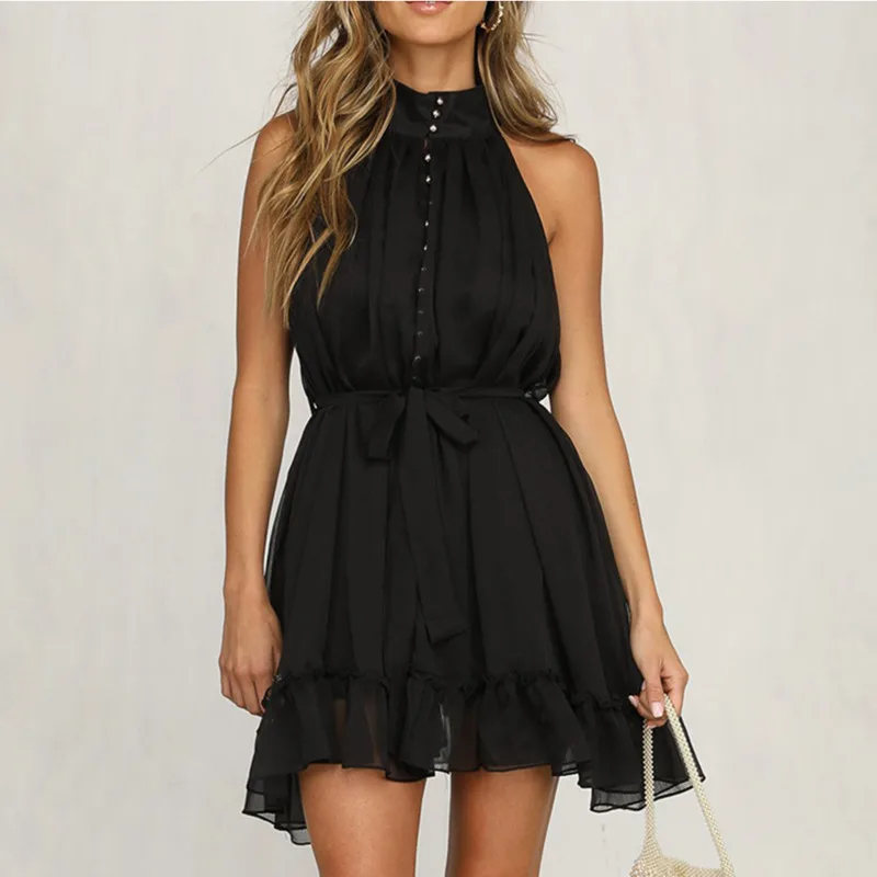 2020 Summer Women Black Dress Chiffon Sleeveless O-Neck Casual Dress Female Elegent Solid Loose Ruffles Above Knee Party Dress
2020 Summer Women Black Dress Chiffon Sleeveless O-Neck Casual Dress Female Elegent Solid Loose Ruffles Above Knee Party Dress
