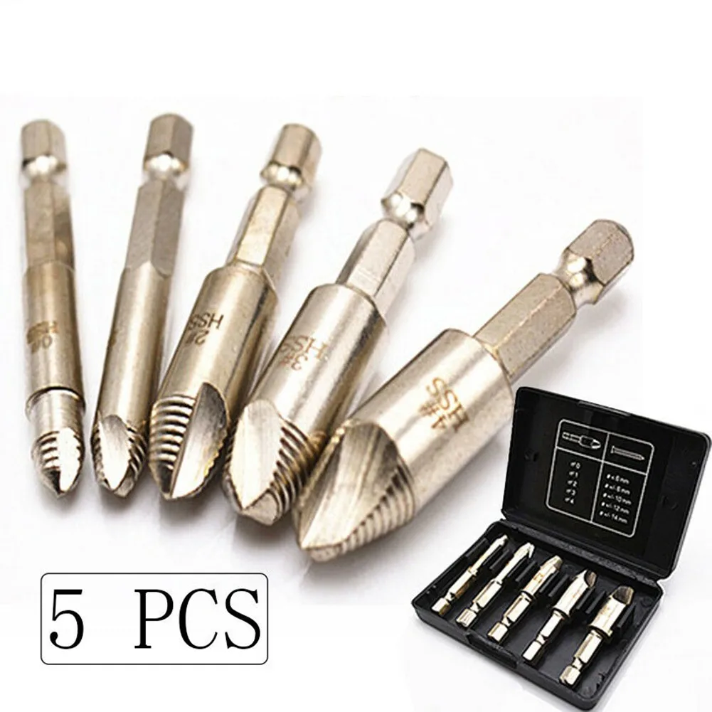 5Pcs Broken Screw Extractor Easy Out HSS Chrome Faucet Wood Nut Removal Tool 5*Screw Extractor For Quick-change Hex Shank Power
5Pcs Broken Screw Extractor Easy Out HSS Chrome Faucet Wood Nut Removal Tool 5*Screw Extractor For Quick-change Hex Shank Power