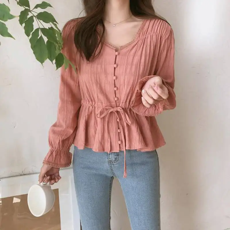 Women's Spring Autumn Style Blouse Shirt Women's Lace Up O-Neck Button Solid Color Long Sleeve Loose Sweet Tops SP872
Women's Spring Autumn Style Blouse Shirt Women's Lace Up O-Neck Button Solid Color Long Sleeve Loose Sweet Tops SP872
