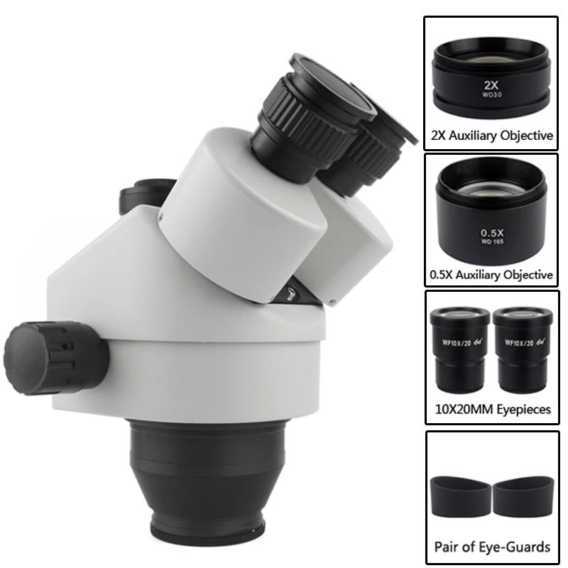 

3.5X 7X 45X 90X Simul-Focal Trinocular Stereo Microscope Head Continuous Zoom WF10X/20MM Eyepiece Auxiliary Objective Lens