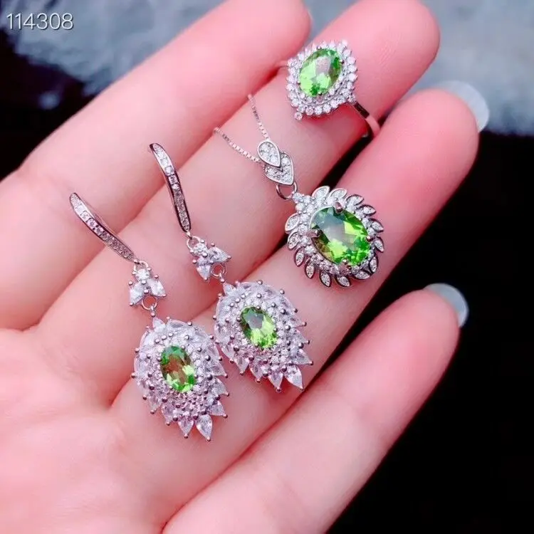 

Комплект ювелирных украшений MeiBaPJ, из ожерелья и сережек с натуральным Перидотом, из серебра 925 пробы, с зеленым камнем