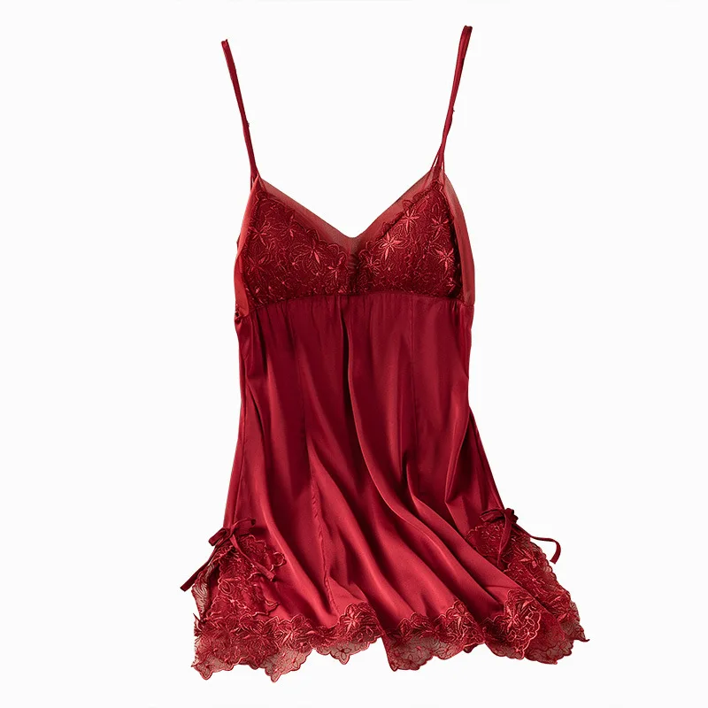 Sexy pajamas women's summer ice silk pajamas real silk lace suspenders sleeping skirts with open back and breast pads women's ho
Sexy pajamas women's summer ice silk pajamas real silk lace suspenders sleeping skirts with open back and breast pads women's ho