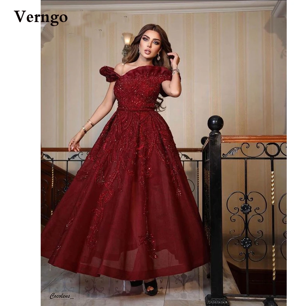 

Verngo Dark Burgundy Lace Prom Dress Off the Shoulder Beads Organza Ankle Length Evening Gowns Dubai Arabic Party Dress