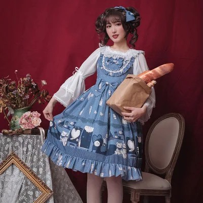 

JSK Gothic Lolita Maid Court Dress Sweet Cute Bowknot Equisite Falbala Dress Lolita Cos Dress Boat-neck Chiffon Shirt Petticoat