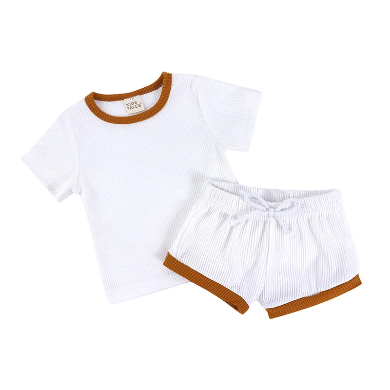 Toddler Baby Boys Girls Summer Clothing Suit Newborn Kids Ribbed Knitted Short Sleeve T-shirts+Shorts Tracksuits Sets | Мать и ребенок