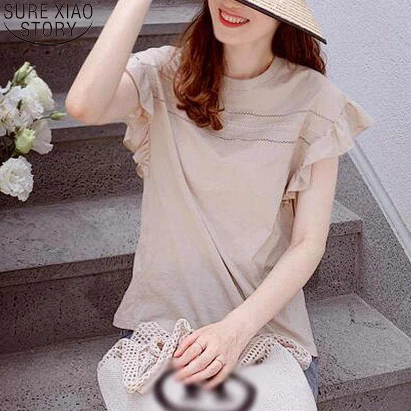 Блузка женская хлопковая с коротким рукавом, круглым вырезом и оборками 
Блузка женская хлопковая с коротким рукавом, круглым вырезом и оборками