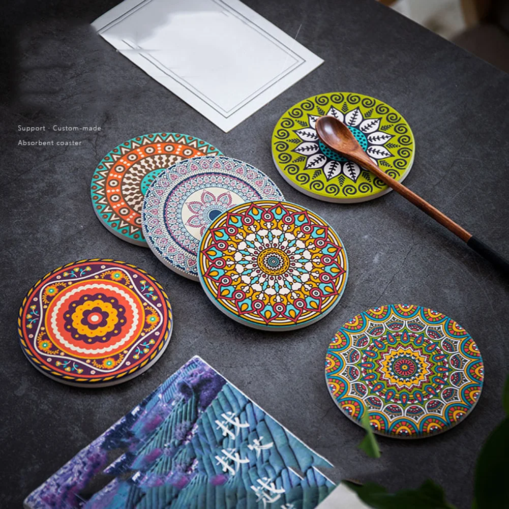 

Ceramic Non-slip Insulation Cup Round Coasters Mandala Flower Printed Non-Slip Insulated Place Mat Kitchen Table Cafe Decor