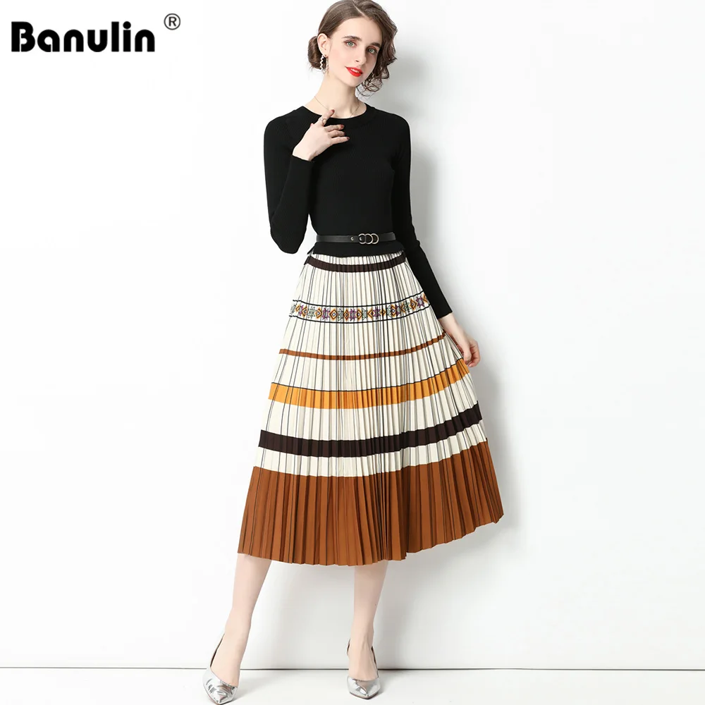 Banulin Women Elegant Knitted Patchwork Midi Dress Autumn Winter Long Sleeve Retro Stripe Print Sashes Pleated Sweater Dress
Banulin Women Elegant Knitted Patchwork Midi Dress Autumn Winter Long Sleeve Retro Stripe Print Sashes Pleated Sweater Dress