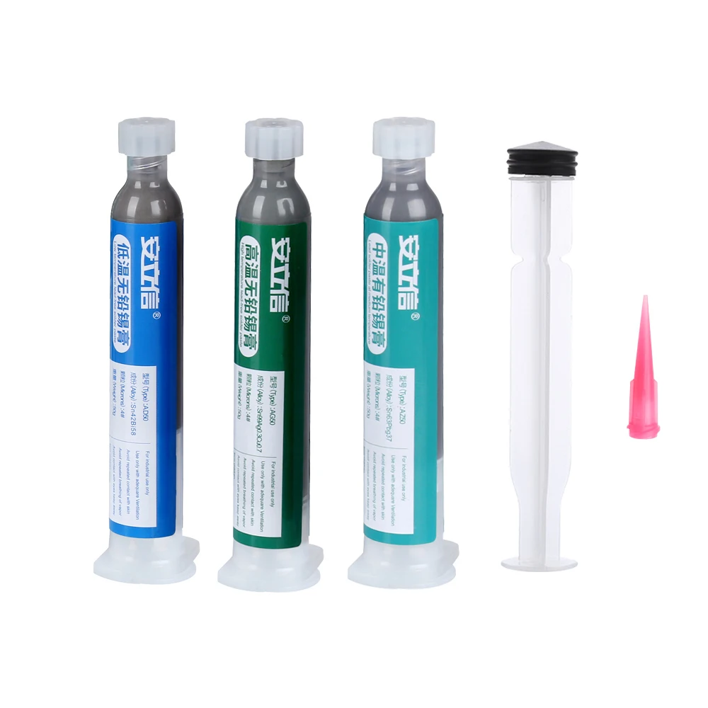 50g Lead-free Solder Paste Flux Tin Sn42/Sn63 Pb37/Sn99 Soldering Liquid Syringe BGA Welding Mobile Phone SMD PCB Rework Paint
50g Lead-free Solder Paste Flux Tin Sn42/Sn63 Pb37/Sn99 Soldering Liquid Syringe BGA Welding Mobile Phone SMD PCB Rework Paint