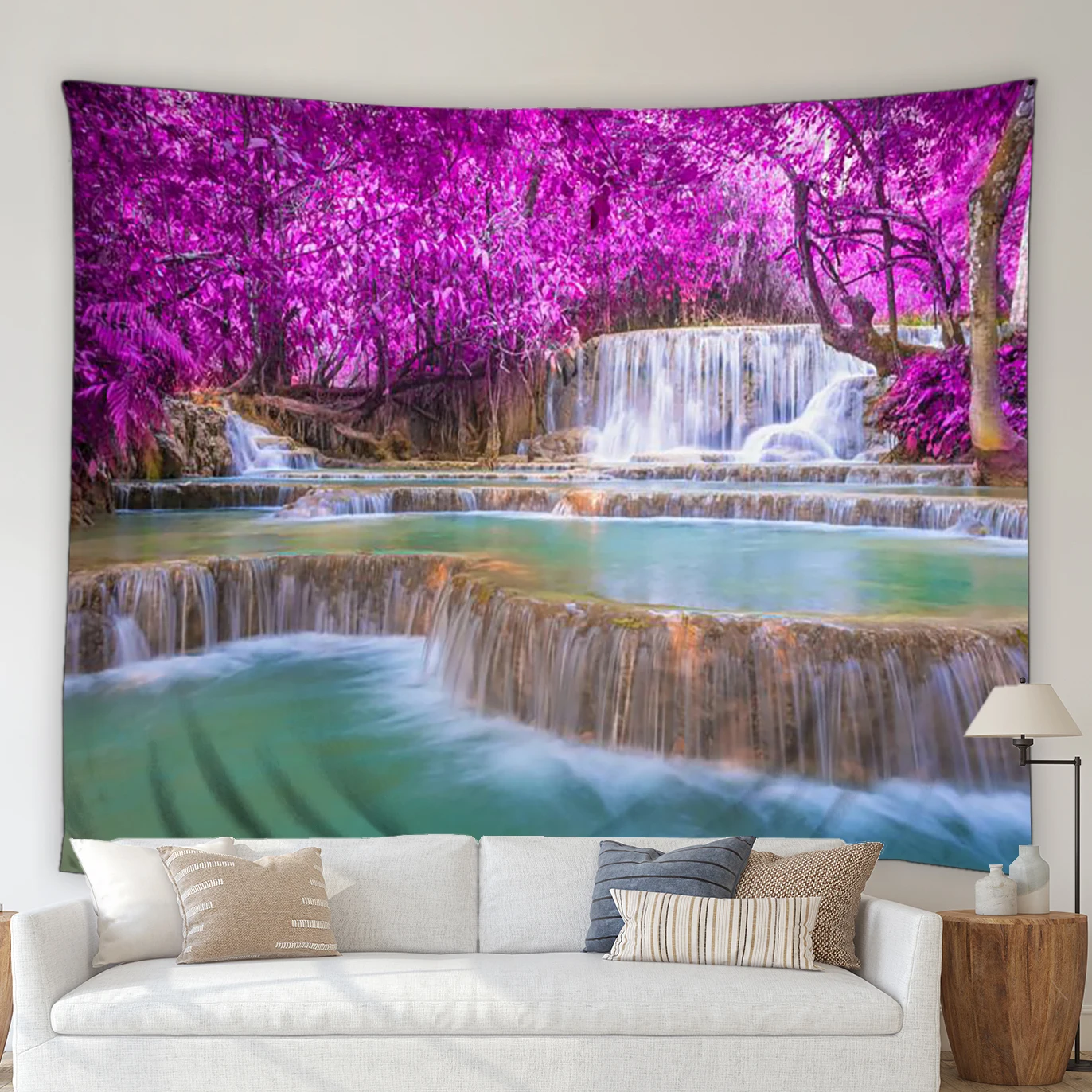 

3D Waterfall Landscape Tapestry Green Forest Trees Plants Stones Beautiful Natural Scenery Bedroom Wall Hanging Blanket Decor