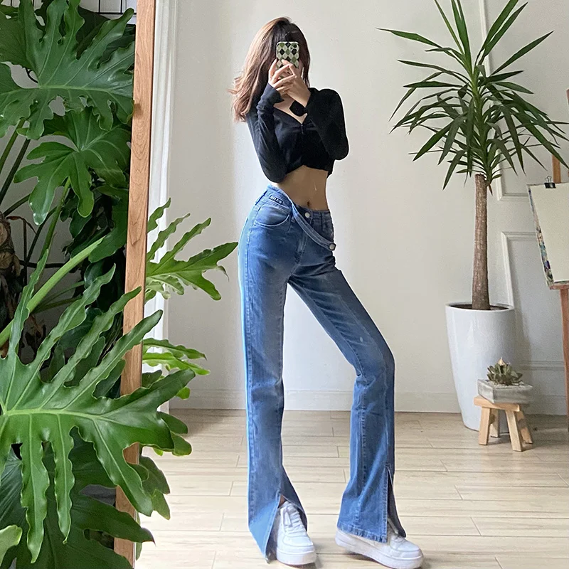 Kywommnz Denim Ribbon-Splicing Pants, Women Slim Thin High Waist Trousers, Fashion Split Fork Flare Pants, Autumn 2021, E4125
Kywommnz Denim Ribbon-Splicing Pants, Women Slim Thin High Waist Trousers, Fashion Split Fork Flare Pants, Autumn 2021, E4125