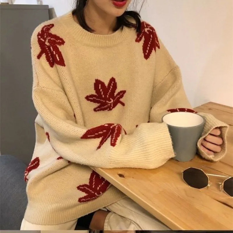 Autumn and Winter Lazy Knit Sweater Korean Version Loose Wild Round Neck Pullover Maple Leaf Jacquard Korean Woman Sweaters
Autumn and Winter Lazy Knit Sweater Korean Version Loose Wild Round Neck Pullover Maple Leaf Jacquard Korean Woman Sweaters