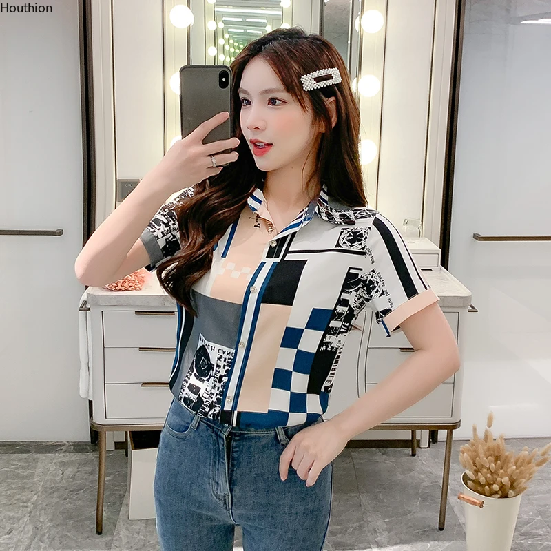 Houthion New Short-sleeved Women's Blouse 2021 Slim Tops Fashion Casual Korean Summer Chiffon Polo Collar Shirt Office Lady
Houthion New Short-sleeved Women's Blouse 2021 Slim Tops Fashion Casual Korean Summer Chiffon Polo Collar Shirt Office Lady